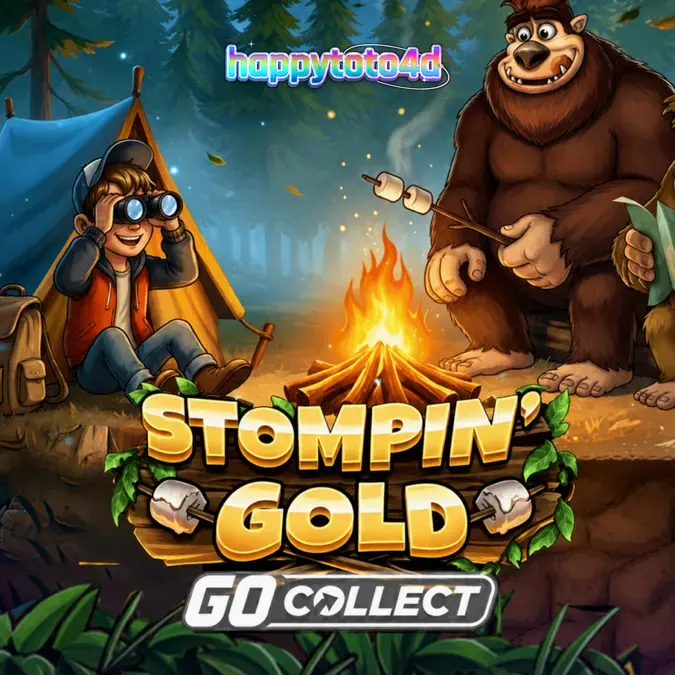 Tampilan visual permainan slot Stompin’ Gold dengan tema hutan dan Bigfoot.